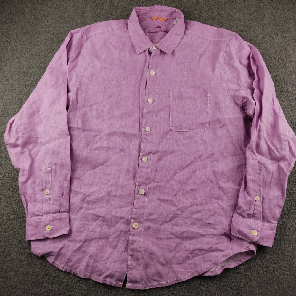 Tommy Bahama Mens Large Purple 100% Linen Long Sleeve Button Up Shirt Pocket